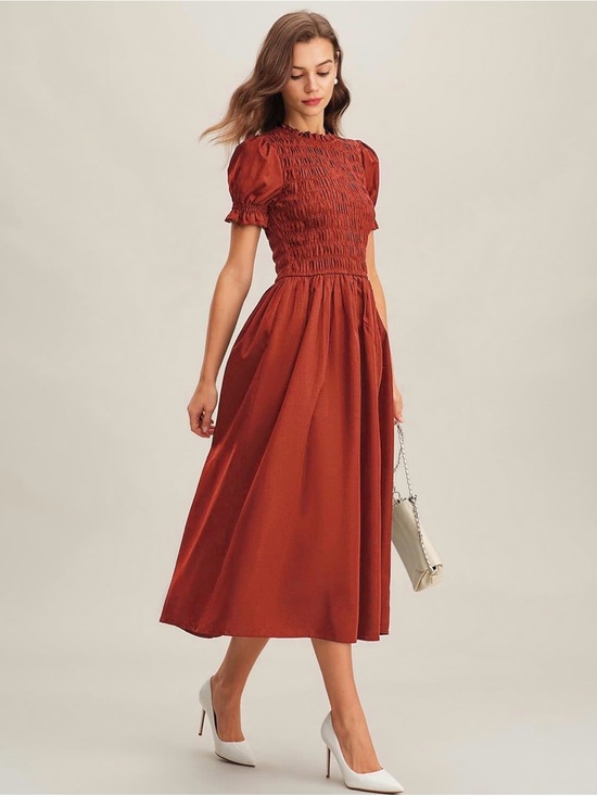 RIHOAS Dresses & Skirts - Red Puffed Sleeve Shirred A-
Line Midi Dress